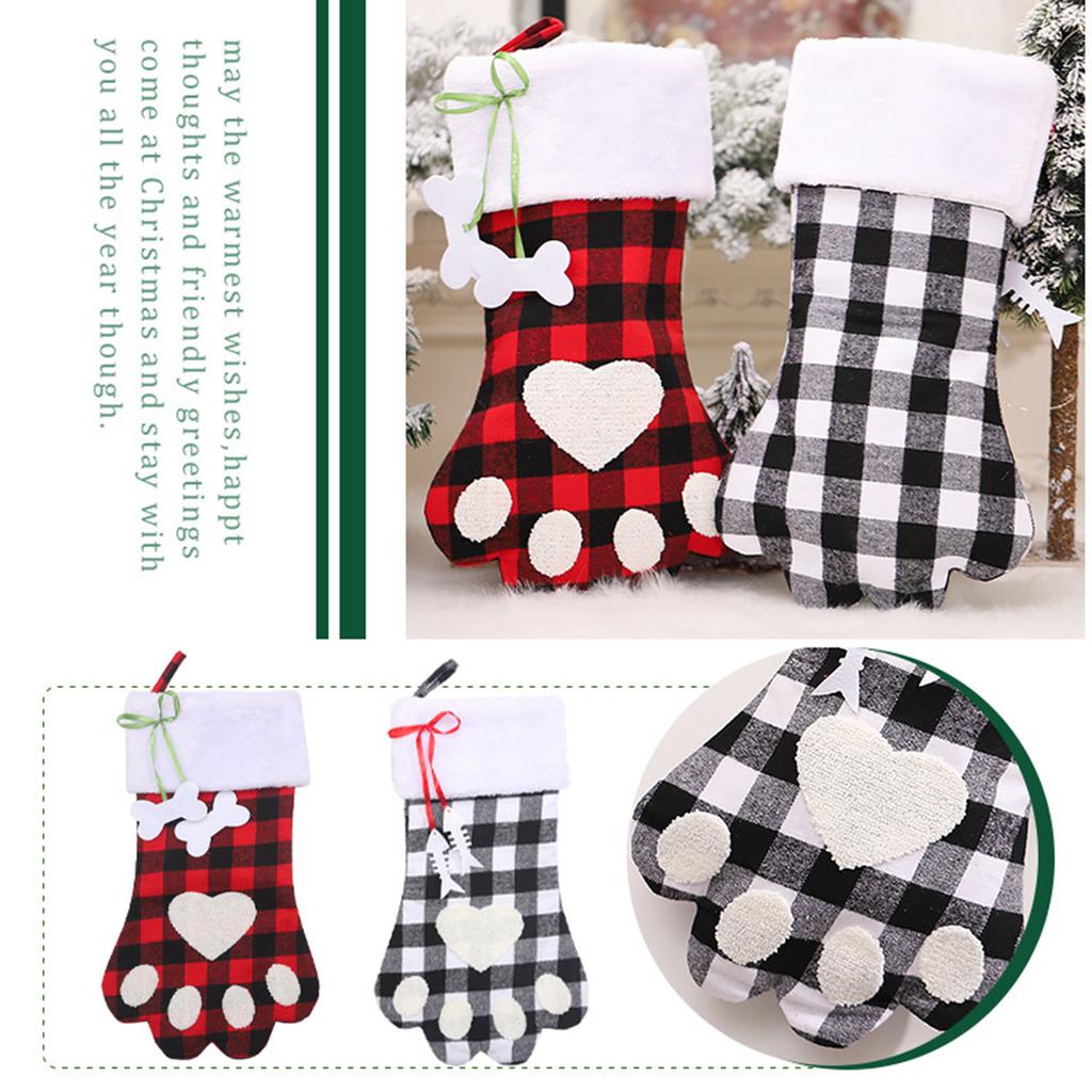 Christmas Stockings Black and White Plaid Dog Paw Stocking Hanging Christmas Tree Gift Bag Candy Bag Christmas Tree Decoration Accessories
