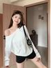 Zhang Jingyi Style Black Off-Shoulder Short-Sleeve Summer T-Shirt for Women - Slimming, Chic, Loose Fit, Diagonal Collar.