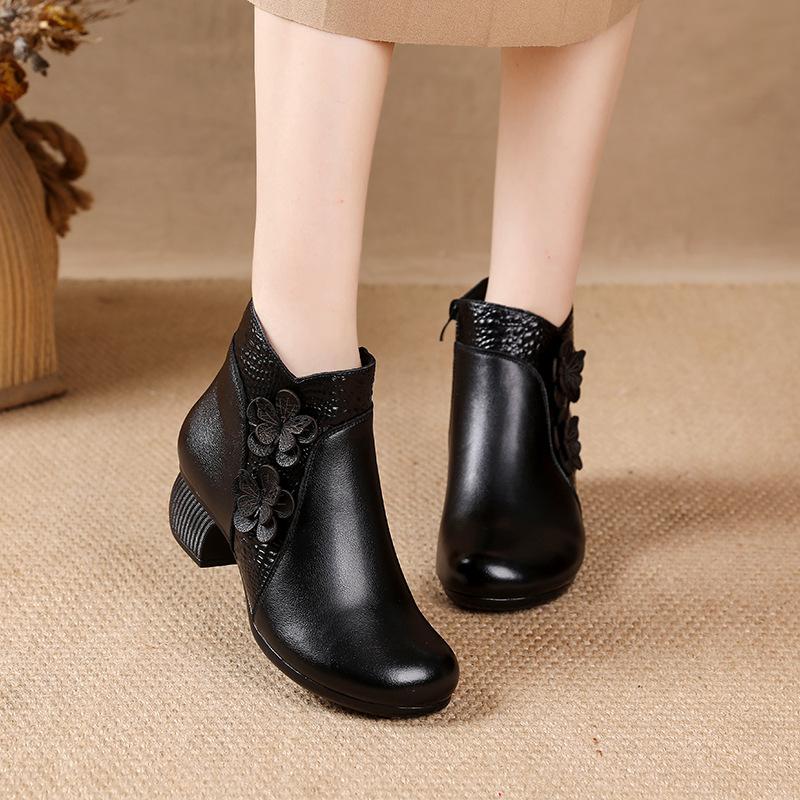 GKTINOO 2025 Neue Herbst Winter Stiefel mit dickem Absatz Damen Warme Stiefel Schuhe Handgefertigt Echtes Leder Reißverschluss Retro Stiefel