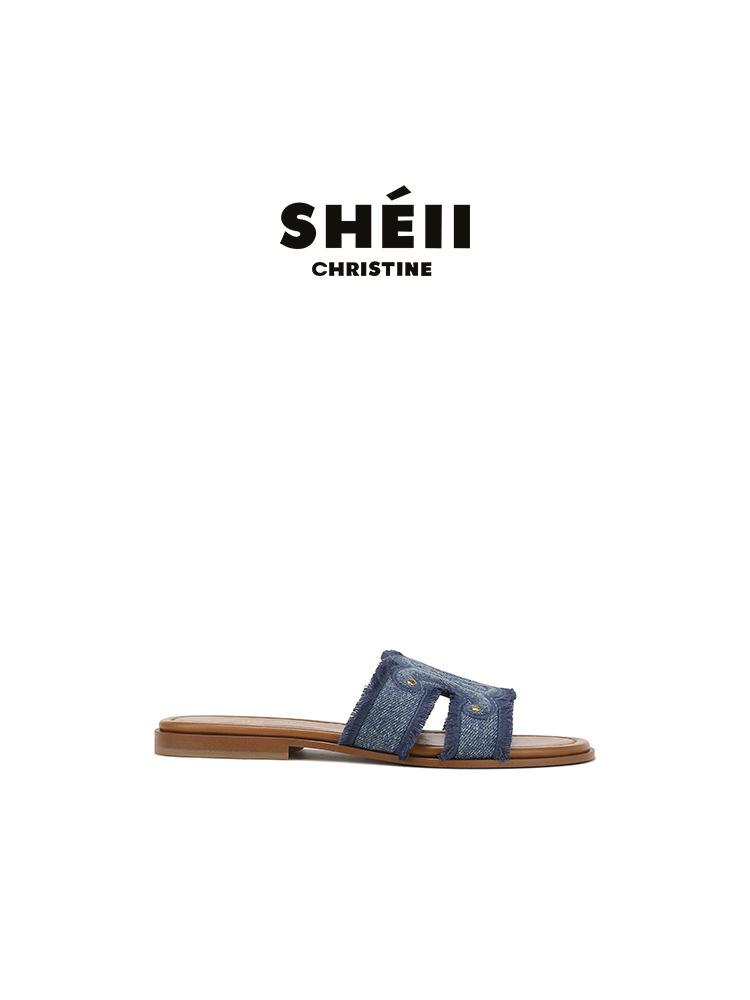 Su Yinyin wears the same retro embroidered denim beard edge slippers women's round head versatile casual word with sandals outside summer