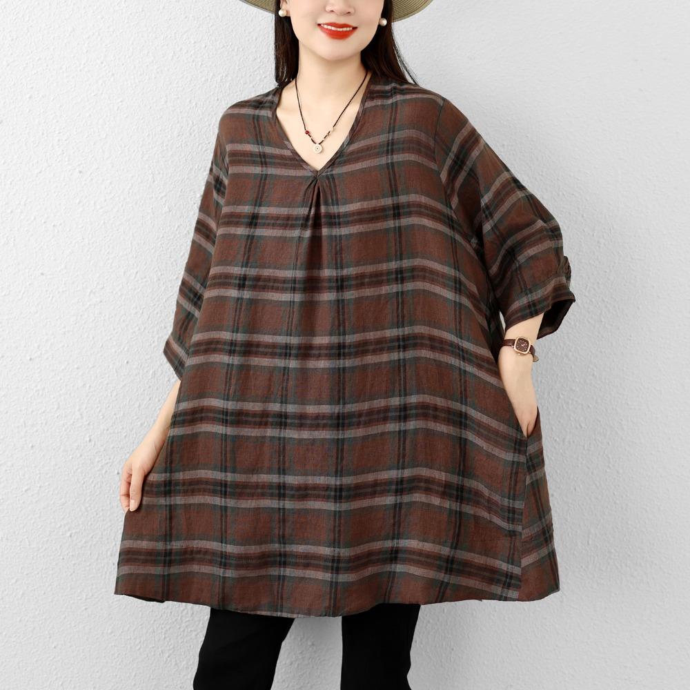 DIMANAF 2026 Summer New Plus Size Women T-Shirts Casual Vintage Print Plaid Blouse Shirts Lady Tops Tees Cotton Oversized