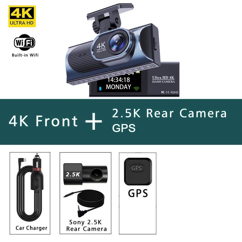 4K WIFI Dash Cam GPS 2160P Car DVR Front And 2.5K Rear Dual Lens Auto Car Camera With WDR Night Vision Black Box 24H Parking
