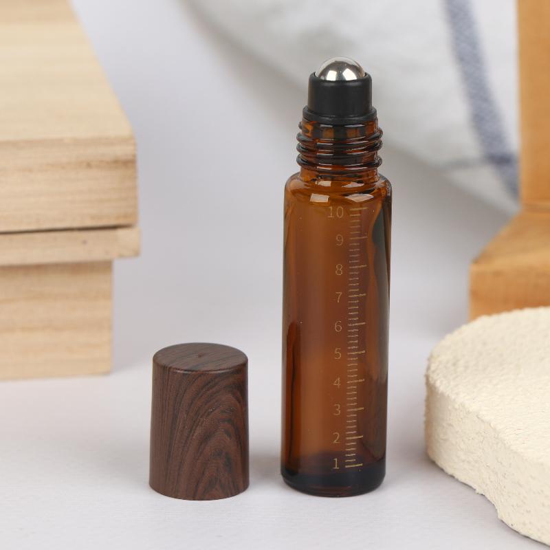 5ml 10ml Bursztynowe Przezroczyste Szklane Butelki Roll-on Plastikowa Nakrętka Imitująca Drewno Próbne Buteleczki z Kulka do Olejków Eterycznych Perfum