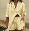 Women's Two Piece Set Short Sleeve Button Crop Shirt Drawstring Shorts Summer Outfit