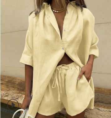 Women's Two Piece Set Short Sleeve Button Crop Shirt Drawstring Shorts Summer Outfit