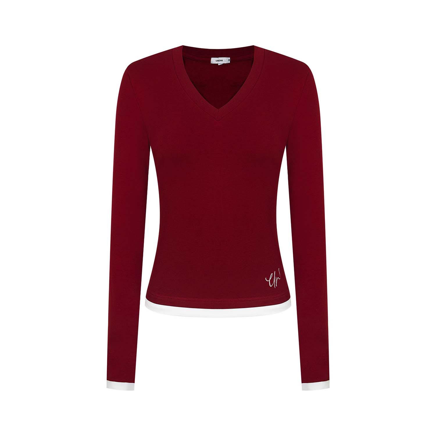 UNBDNS Women s Autumn V-Neck Fake Two-Piece Long Sleeve Slim Top Large