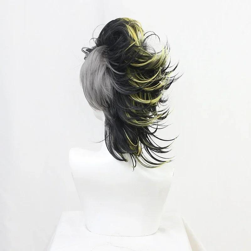 Anime Shinazugawa Genya Cosplay Wigs Anime Demon Slayer: Kimetsu No Yaiba Black and Yellow Style High-temperature Fiber Hair Wig