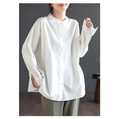 Fashionable Solid Color Retro Artistic Stand Collar Shirt Women's Waist Single Breasted Loose Casual Long Sleeve Button Cardigan
