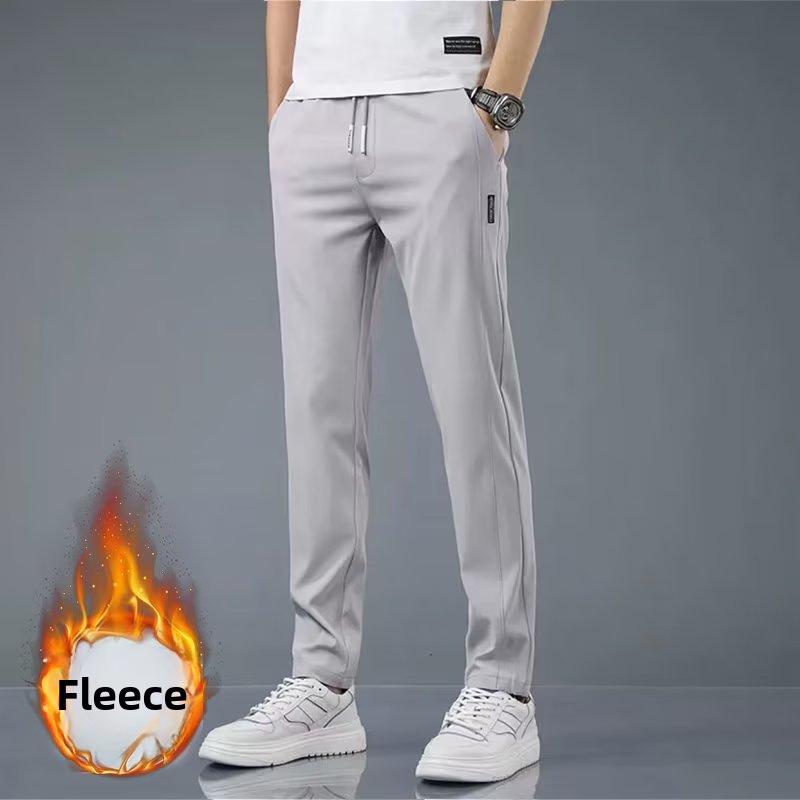 Black Label Plus Men's Slim Fit Tall Straight Fleece Pants - Autumn/Winter Korean Casual Trousers