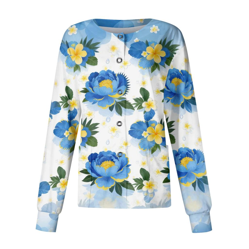 Women's Casual Long Sleeve Single Breasted Hawaiian Print Caregiver Jacket Cardigan Top Lightweight Button Up Shirt for Work
