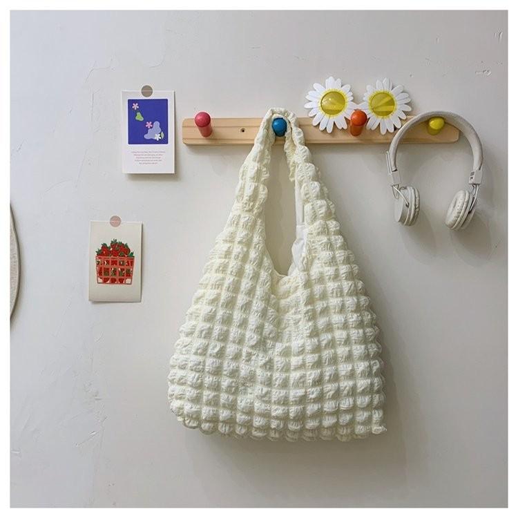 

Chic Korean Style Pleated Bubble Bag Spacious Casual Tote Shoulder Handbag In White Black Pink And More White