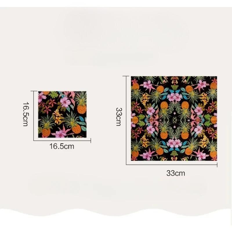 Pineapple Party Napkins, 33cm 2-Ply Black Background with Colorful Tropical Fruits & Flowers, Symmetrical Kaleidoscope Print for Holiday Summer Decor