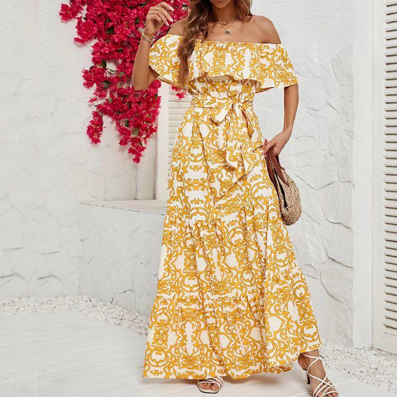 Women's Dress Summer European and American New Women's Clothes off-Shoulder Short Sleeve Print Ruffles Maxi Dress