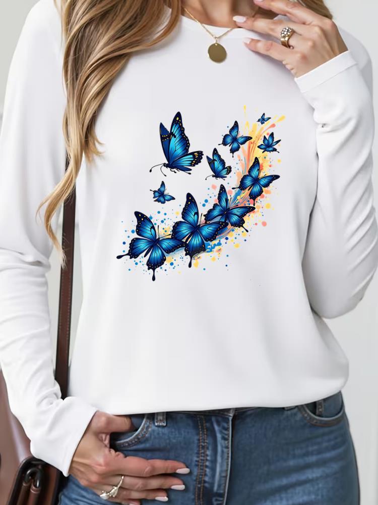 (Asian Size) Sweet Butterfly Trend Cute T Shirt Tee Lady Printed O-neck Women Female Clothing Casual Fashion Top Long Sleeve Graphic T-shirts