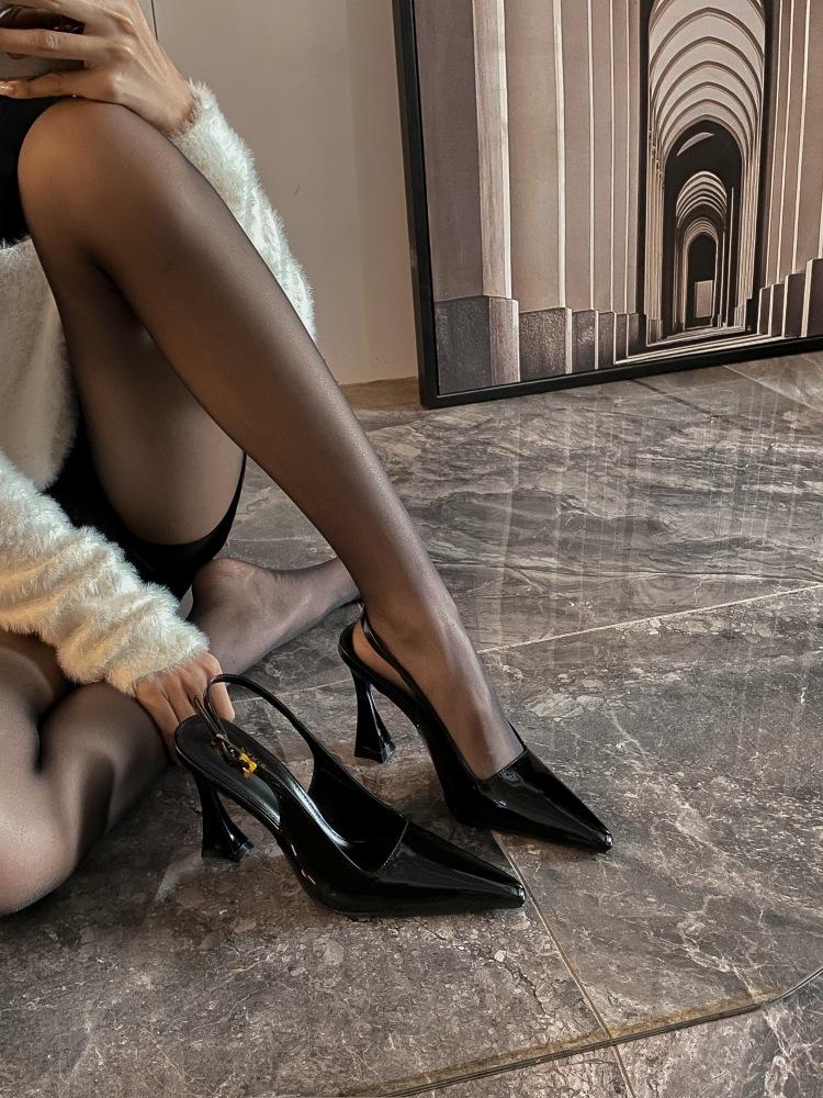 Poplar forest with the same burgundy sexy bag head sandals women's rear strap patent leather versatile thin heel pointed high heels women