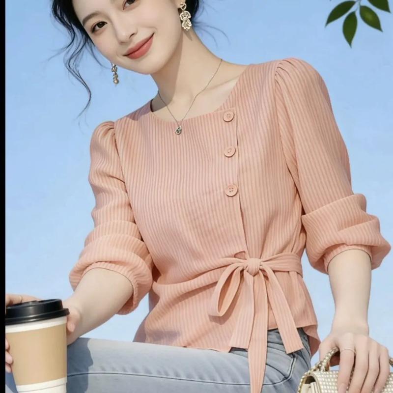 Women Pink Textured Square Neck 3/4 Sleeve Drawstring Waist Blouse M розовый