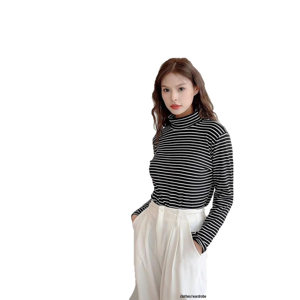 Women's Striped Velvet Mid-Neck Pullover - Autumn/Winter Warm Slim-Fit Long Sleeve Shirt
