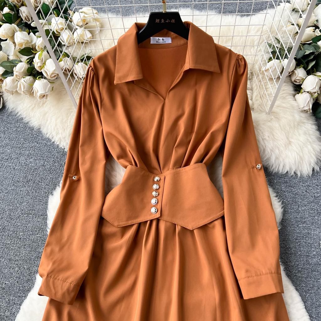 Aibeautyer nuevo Vintage Primavera Verano sólido ajustado botón vestido completo de señora una línea cuello vuelto gasa pulóver vestidos de mujer