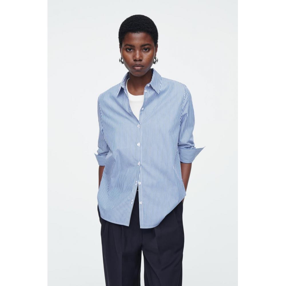 

Cos Japan Curved Hem Cotton Shirt bluestripe/34