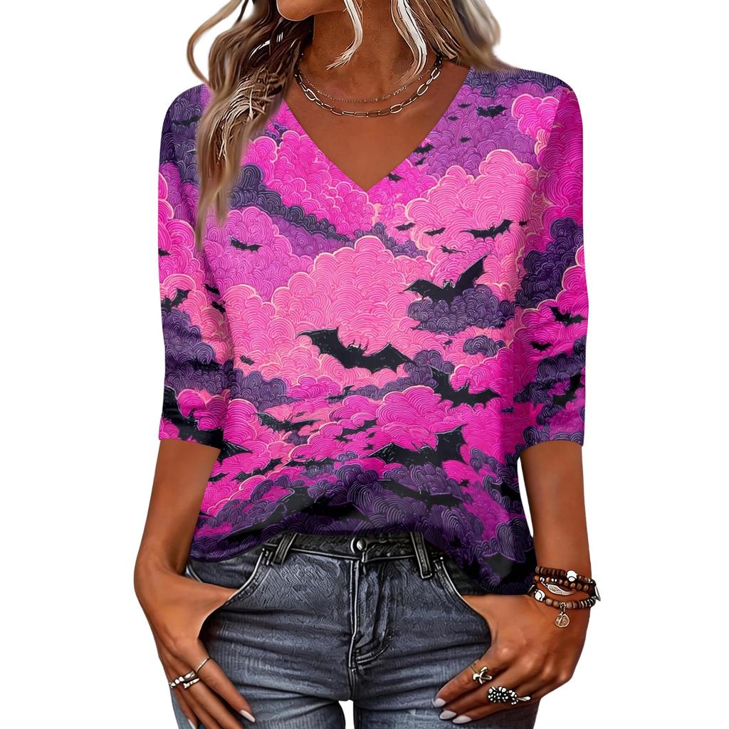 Women's Fashion Casual Halloween Print V-Neck Three-Quarter Sleeve Top