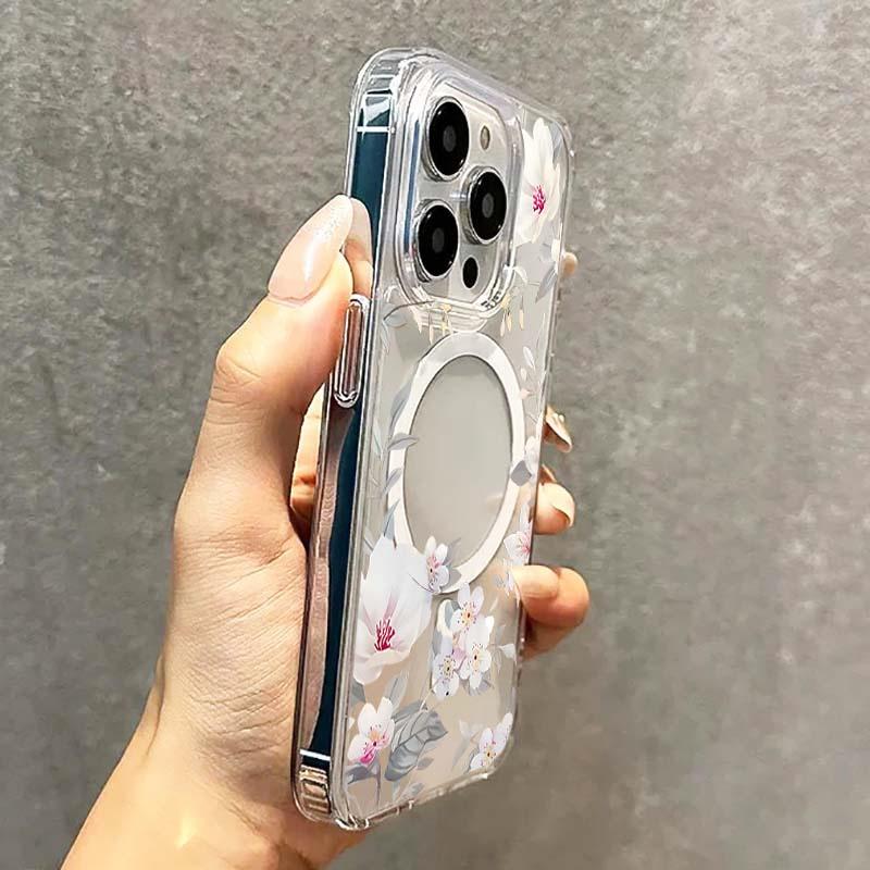 Magnetic Cover For iPhone 17 16 15 14 13 12 11 Pro X XS Max XR 7 8 Plus 16E Wireless Charge Transparent Phone Case Floral Design