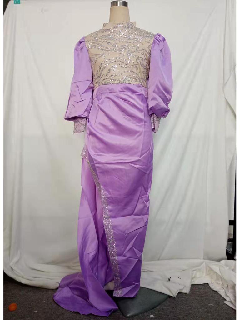 2025 European & American Elegant Gold Evening Dress with Princess Sleeves and Train