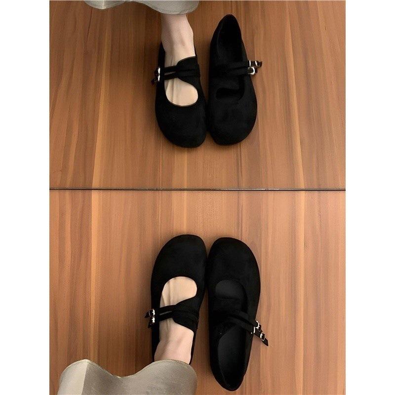 Mori literary and artistic style frosted leather Mary Jane shoes one-word buckle with shallow mouth round head flat-bottomed ballet shoes