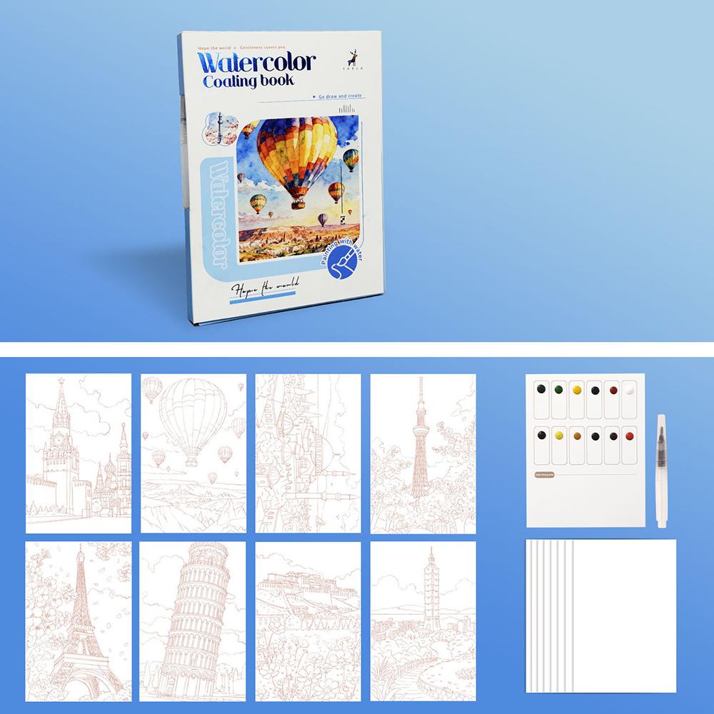 Three fold watercolor coloring book with built-in pigments, adult decompression DIY portable coloring watercolor drawing book