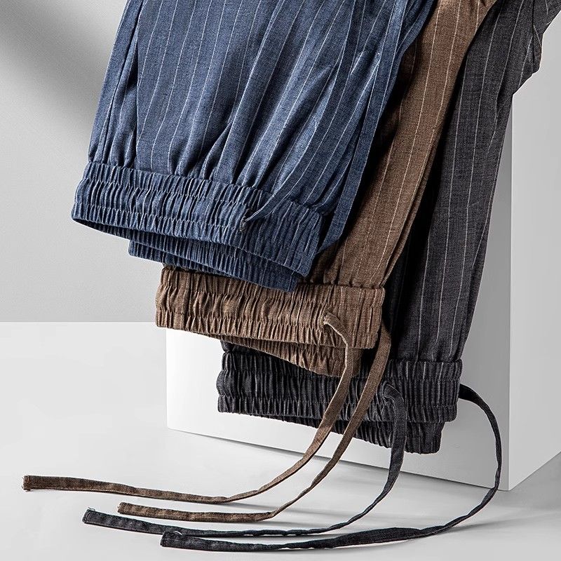 Letnie Cienkie Spodnie Sportowe w Pionowe Paski Spodnie z Prostą Nogawką Męskie Spodnie Codzienne ze Sznurkiem Spodnie Codzienne Wielofunkcyjne