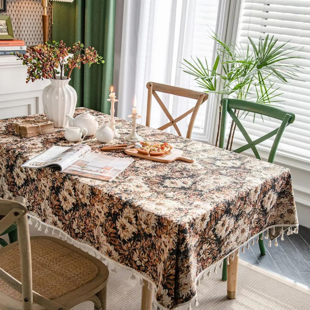 Kwastrand Katoen Linnen Tafelkleed Rood Feestdagen Jacquard Eettafelkleed Bloempatroon Stofdicht Tafelkleed Achtergronddoek