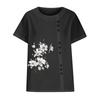 Women's Cotton Linen Round Neck Short Sleeve With Button Tops Printed T-shirt