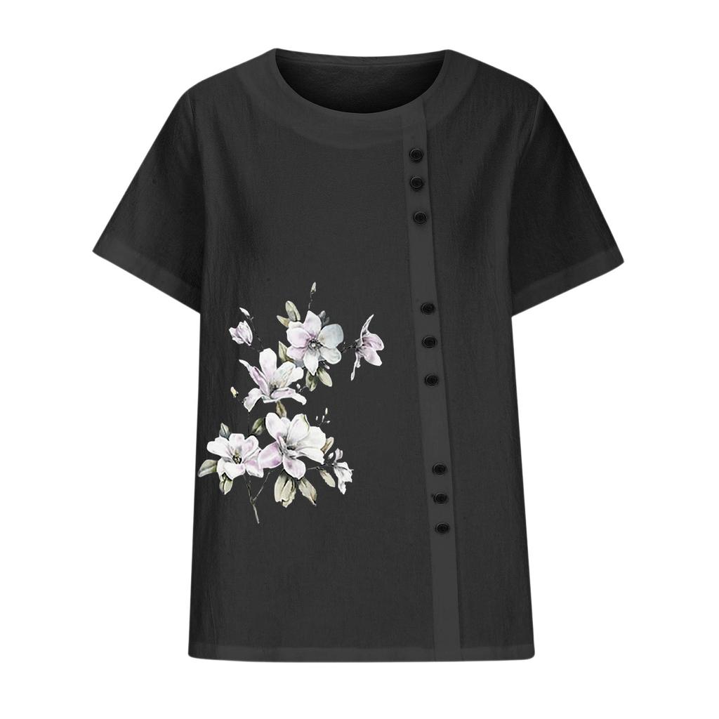 Women's Cotton Linen Round Neck Short Sleeve With Button Tops Printed T-shirt