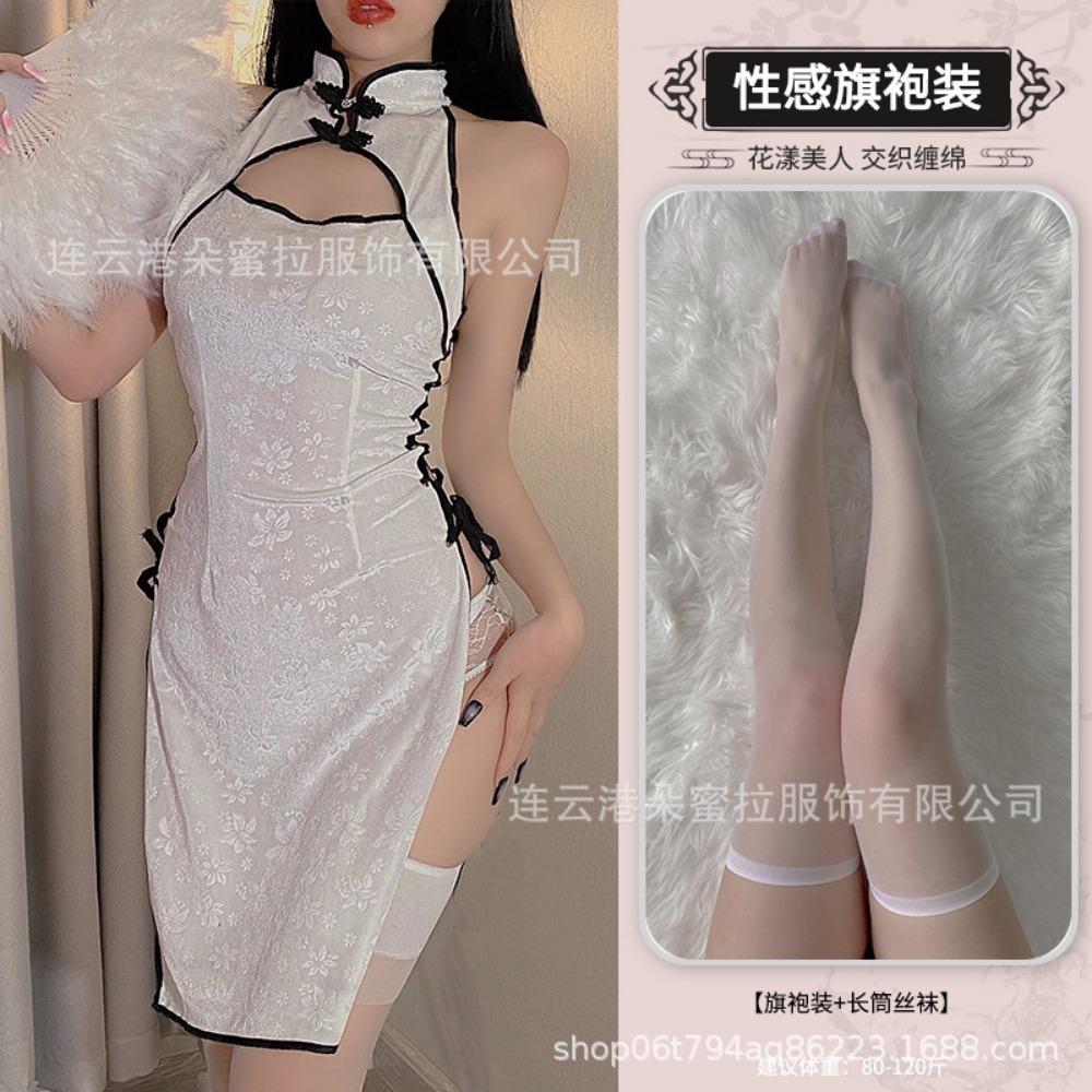 Domila Sex Underwear Embossed Gold Velvet Strap Split Fork Hollow Cheongsam Uniform Temptation Passion Set F037