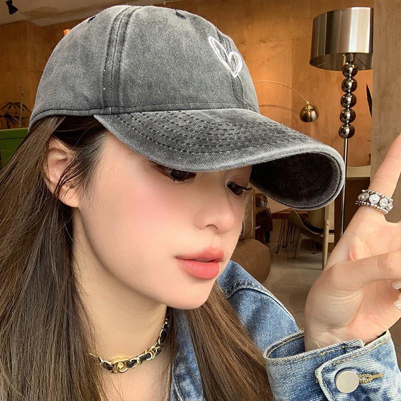 Heart Love Baseball Hats Women Wide Brim Washed Cotton Sun Hat Korean Retro Casual Aged Visor Cap Spring Summer Sunshade Visors