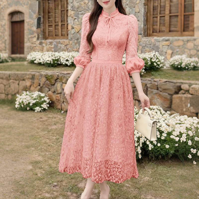 ZANZEA Women Casual Stand Collar Loose Long Sleeve Patchwork Lace Dress