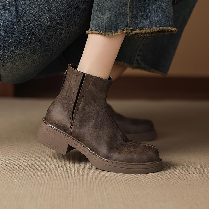 Fashion 2025 NEW Autumn Women Boots Split Leather Women Shoes Round Toe Chunky Heel Shoes Chelsea Boots Daily Shoes Platform Short Boots