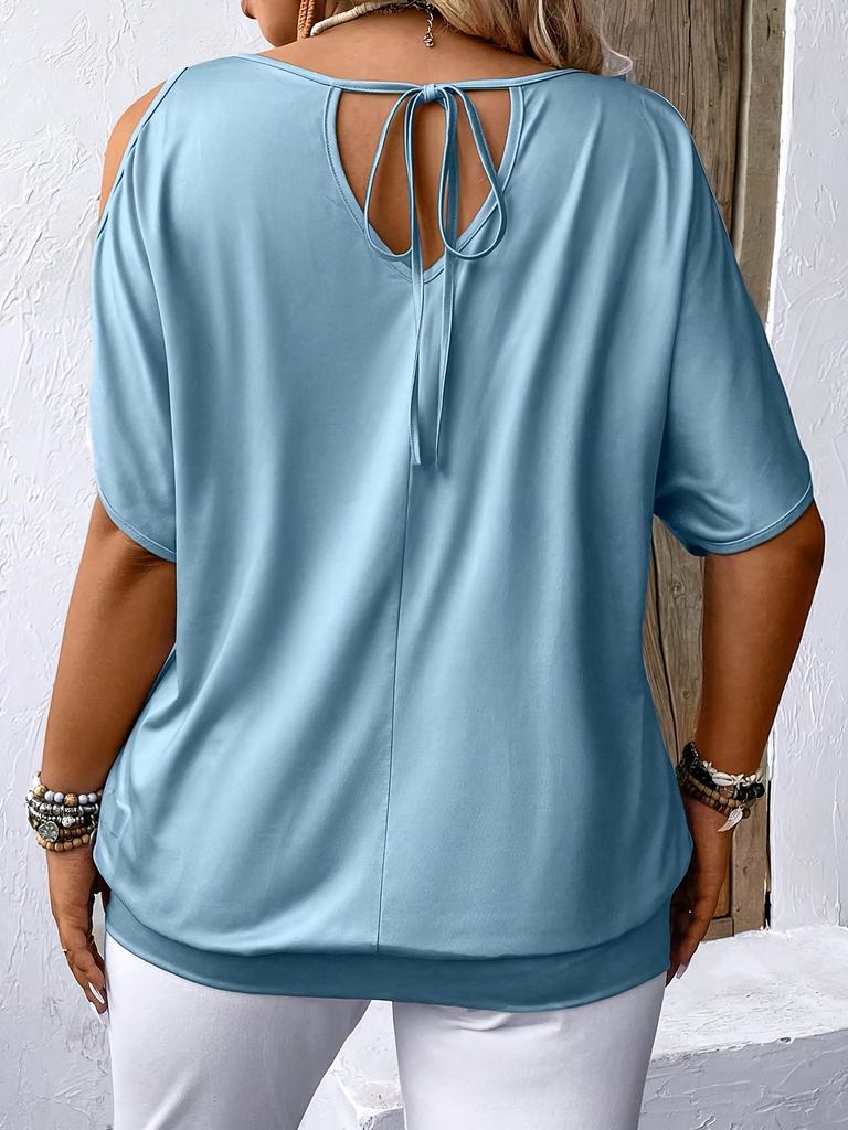 Women's Round Neck Elegant Off-Shoulder Tie-Back Print Top