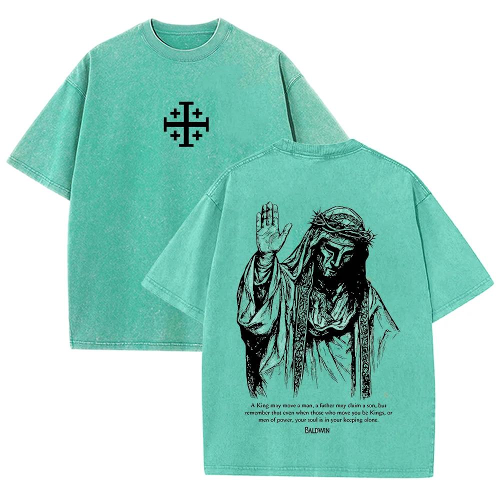 2026 Jesus mit Dornenkrone T-Shirt Vintage gewaschen Grau Grafik-T-Shirt Unisex Lässiges religiöses Oberteil