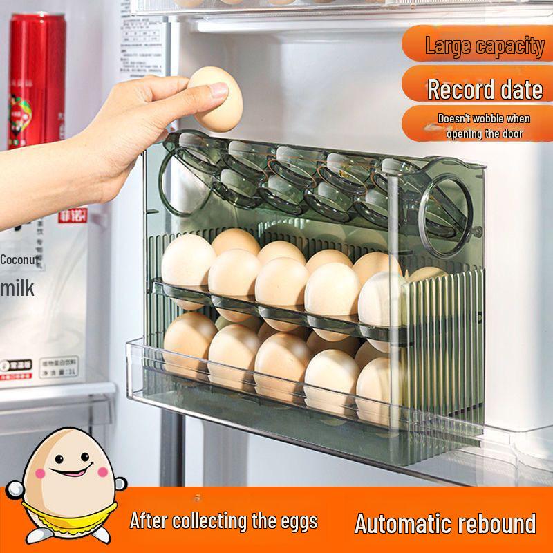 

Egg Storage Box for Refrigerator, Automatic Flip Tray, Fresh-Keeping, Kitchen Door Organizer Green [PP]