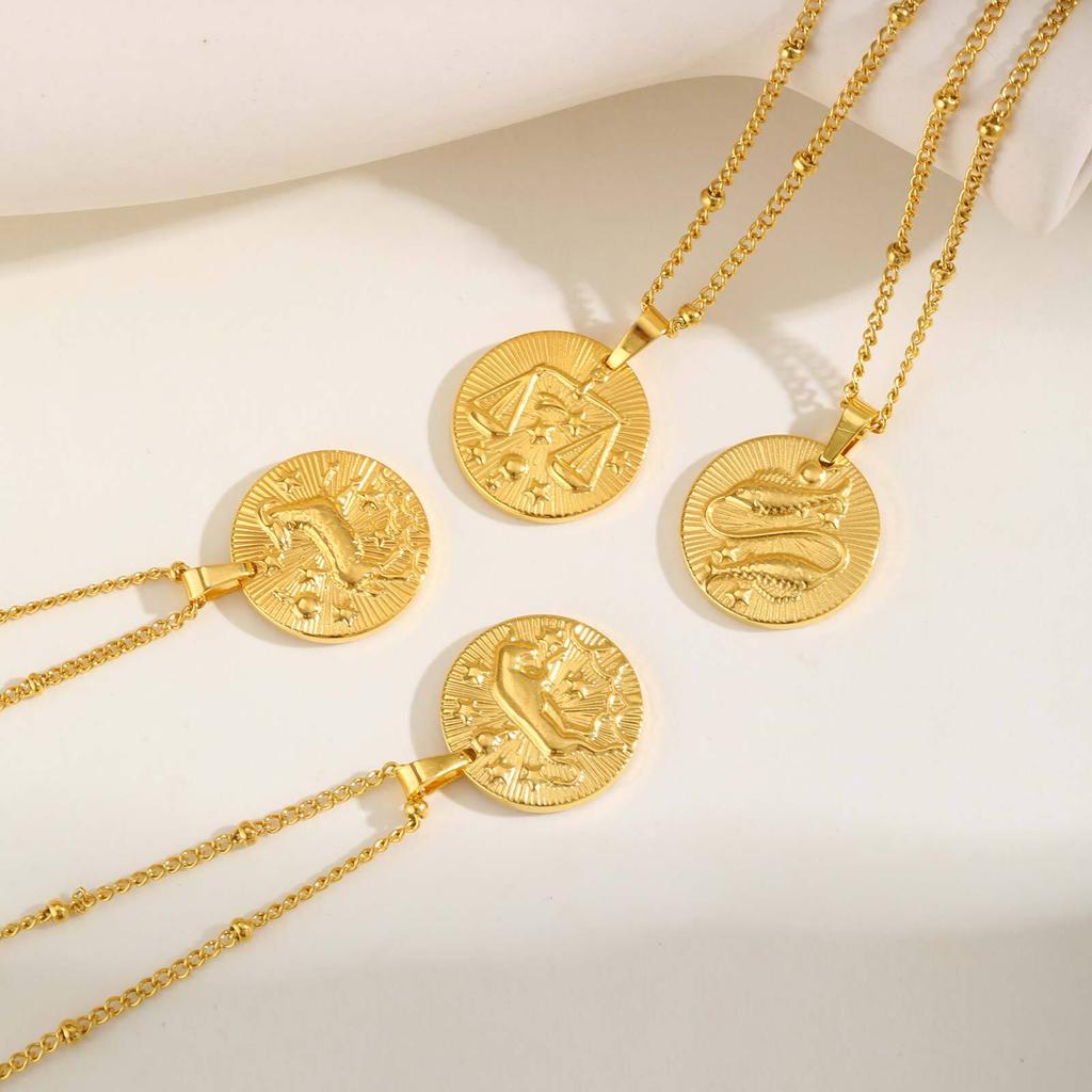 Stainless Steel Zodiac Constellation Necklace for Women, Amulet Round Coin Pendant Vintage Jewelry Birthday Gift