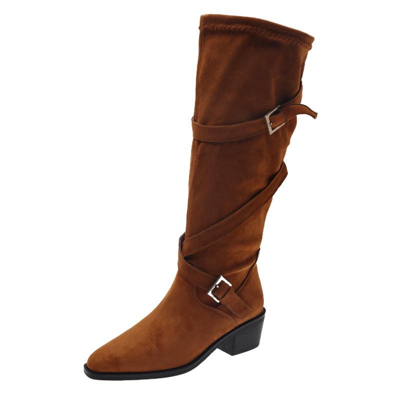 Soft Leather Version~ Retro Belt Buckle Thick Heel Boots But Knee Skinny Knight Boots Pointed Pleated Pile Boots Women