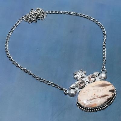 Natural Plume Root Jasper,Morganite Stone 925 Sterling Silver Necklace 18" B4G30