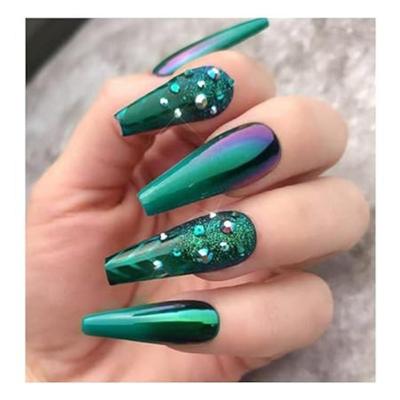 24pc Set Of Extra Long French Artificial Nails With Stone With Free Application KIt (Green Multi)