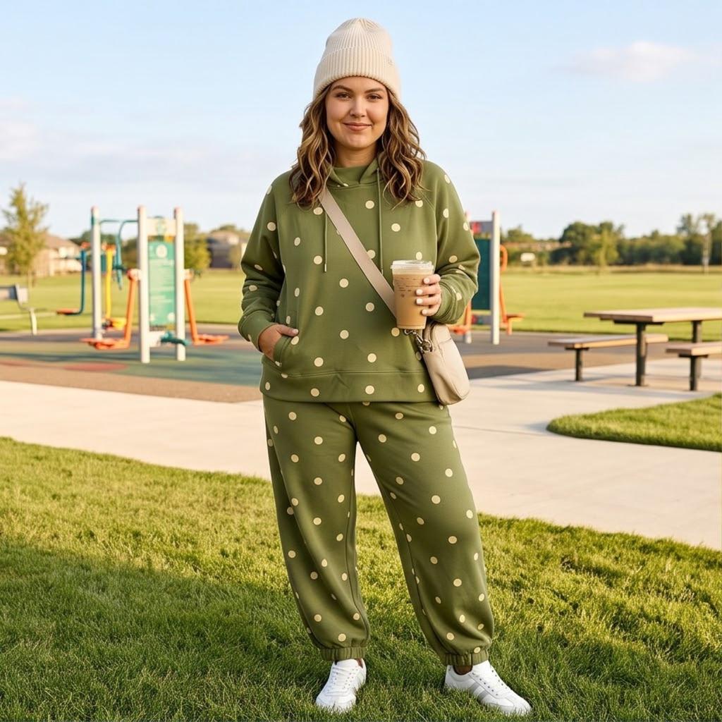 Women's Polka Dot Two Piece Set Hooded Sweatshirt and Jogger Pants Casual Wear