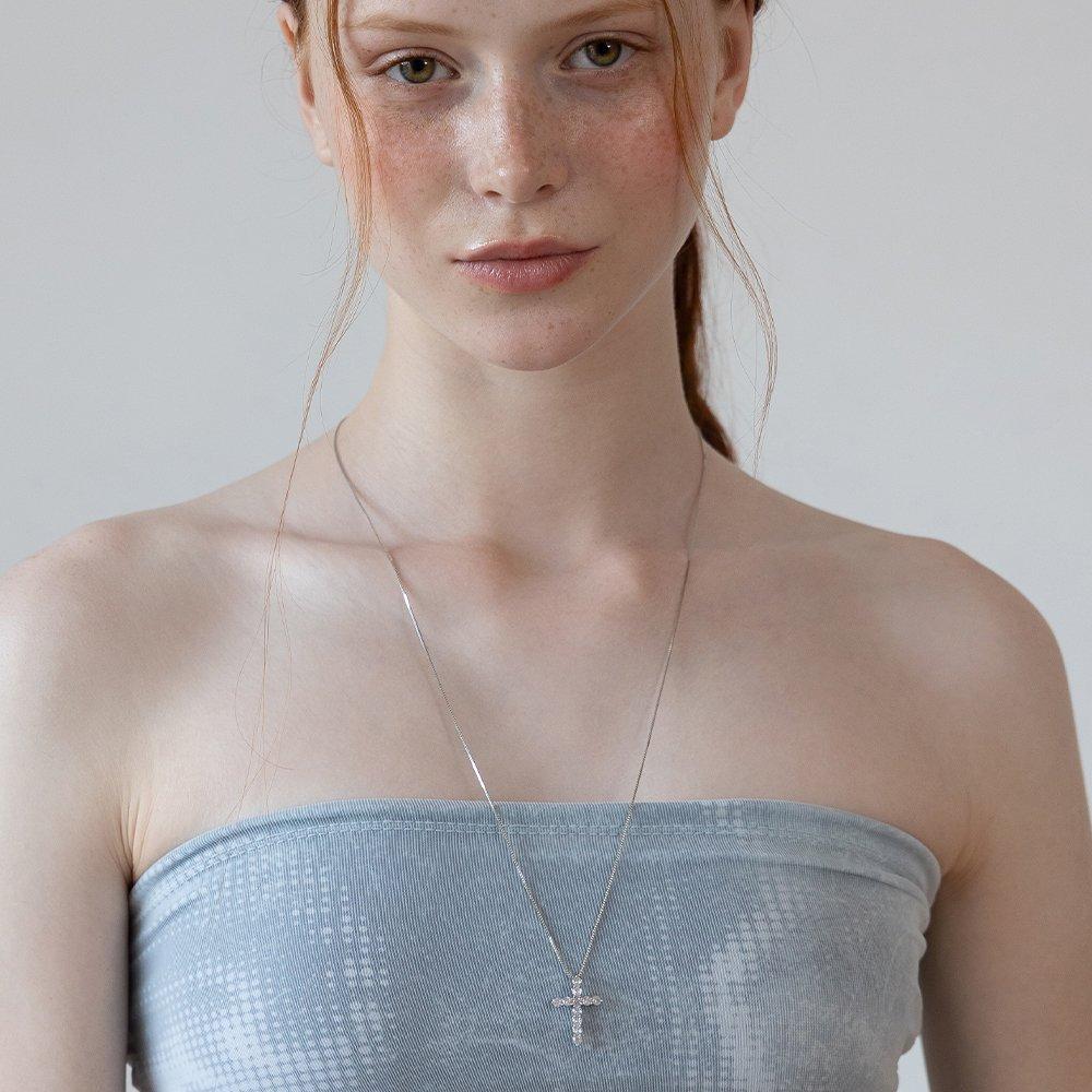 (92.5 Silver) Cubic Cross Pendant Long Necklace Nz2484