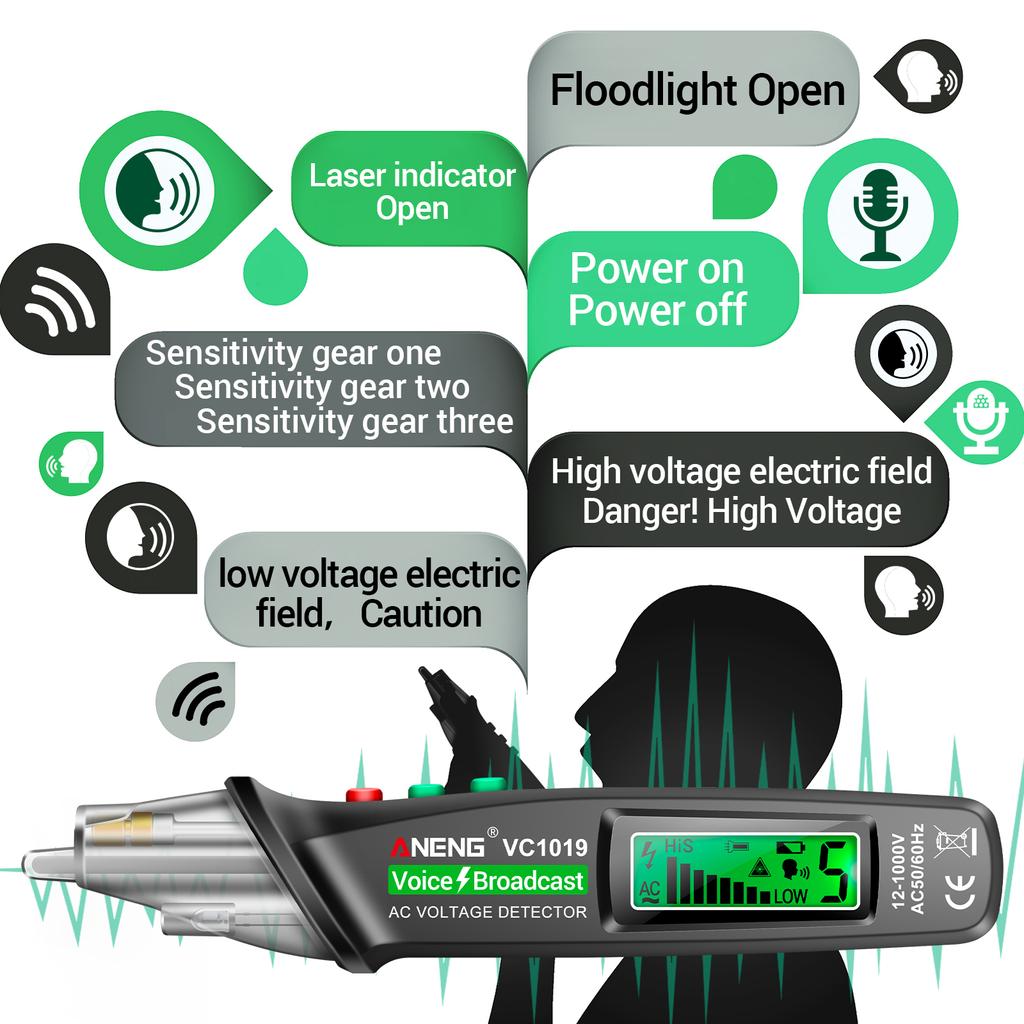 ANENG VC1019 LCD Digital Test Pen Non-contact Voice Broadcast Tester Pen Sensitivity Adjustable