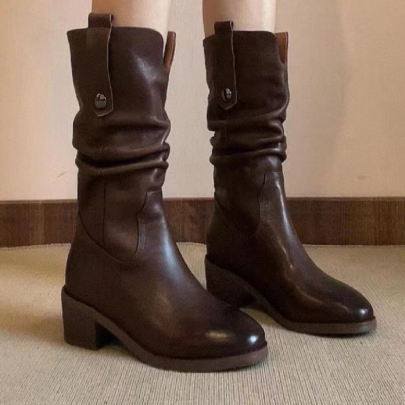 Middle Heel Leather Ladies Mid Calf Shoes Autumn Winter Fleece-Lined Women's Half High Boots Gyaru 2025 Novelty New Gothic Boot