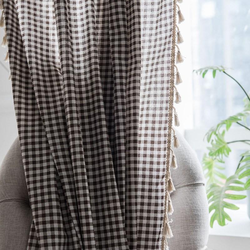 Cotton Linen Curtain Japanese Style Coffee Lattice Printing Curtain Semi-shading Blackout Window Bedroom Living Room Drape