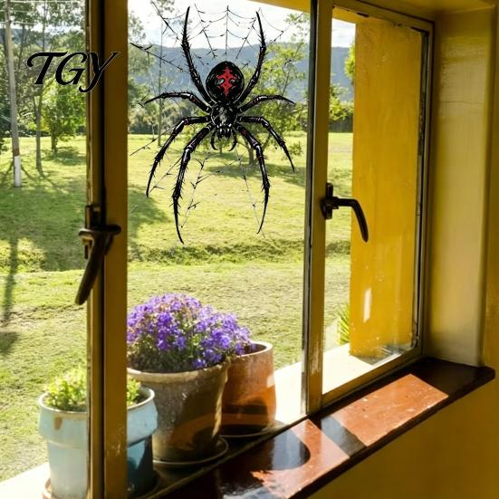 Artykuły na imprezy wewnątrz i na zewnątrz Halloween Pająk Statyczne Naklejki na okno, PVC Wodoodporne Naklejki z pajęczyną, Czarne Dekoracje ścienne Usuwalne Straszne Naklejki dla