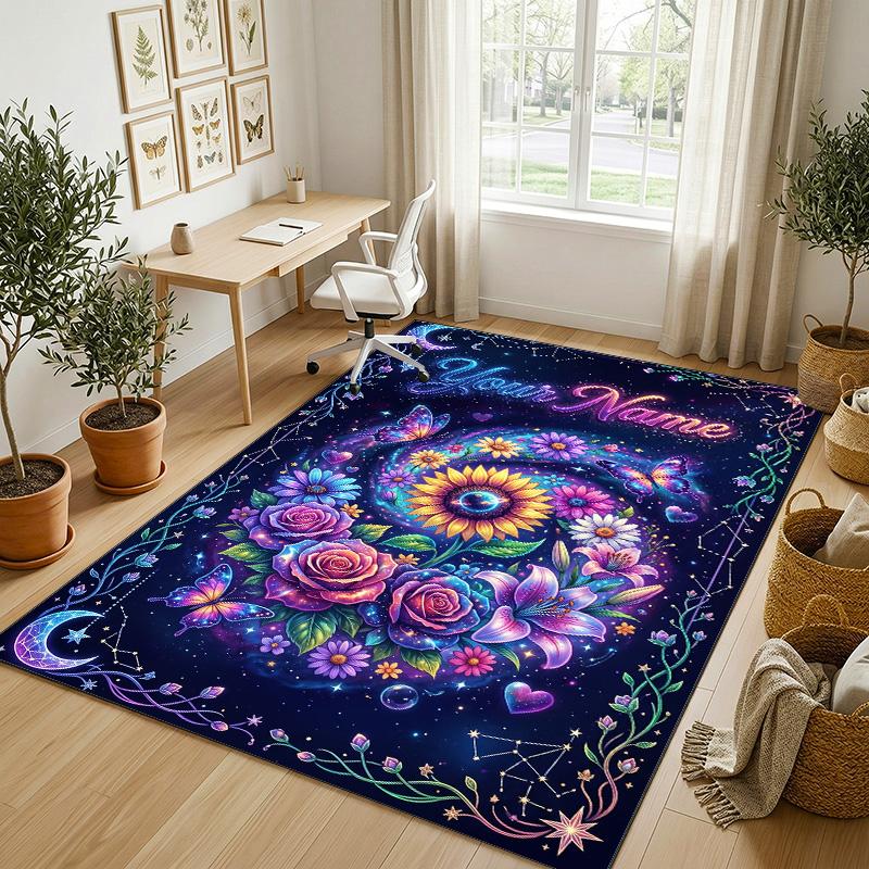 Floral Garden Theme Crystal Velvet Rug Personalized Custom Name Text Soft Floor Mat Home Decor
